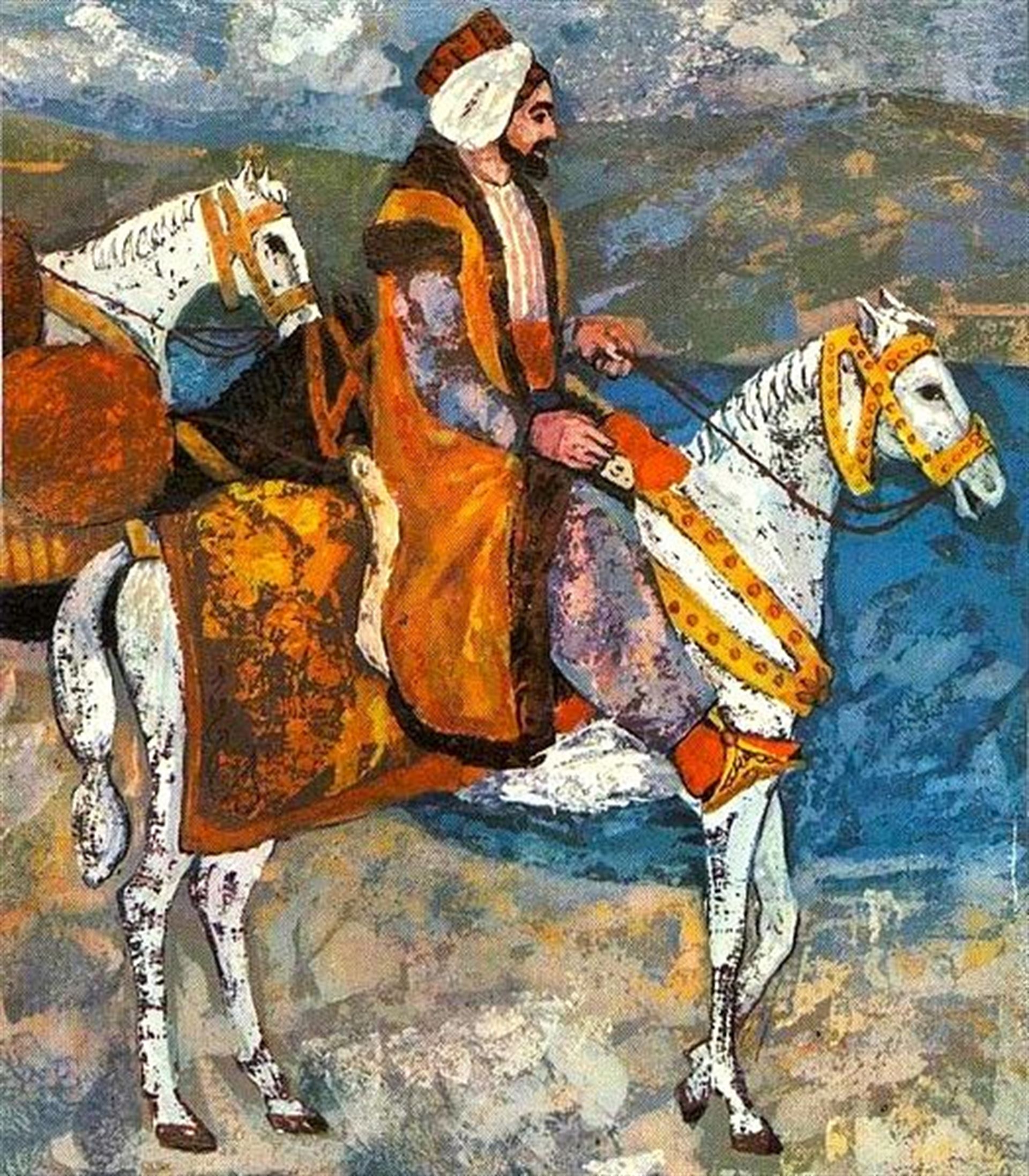 A 17th-century drawing depicting Evliya Çelebi travelling on horseback